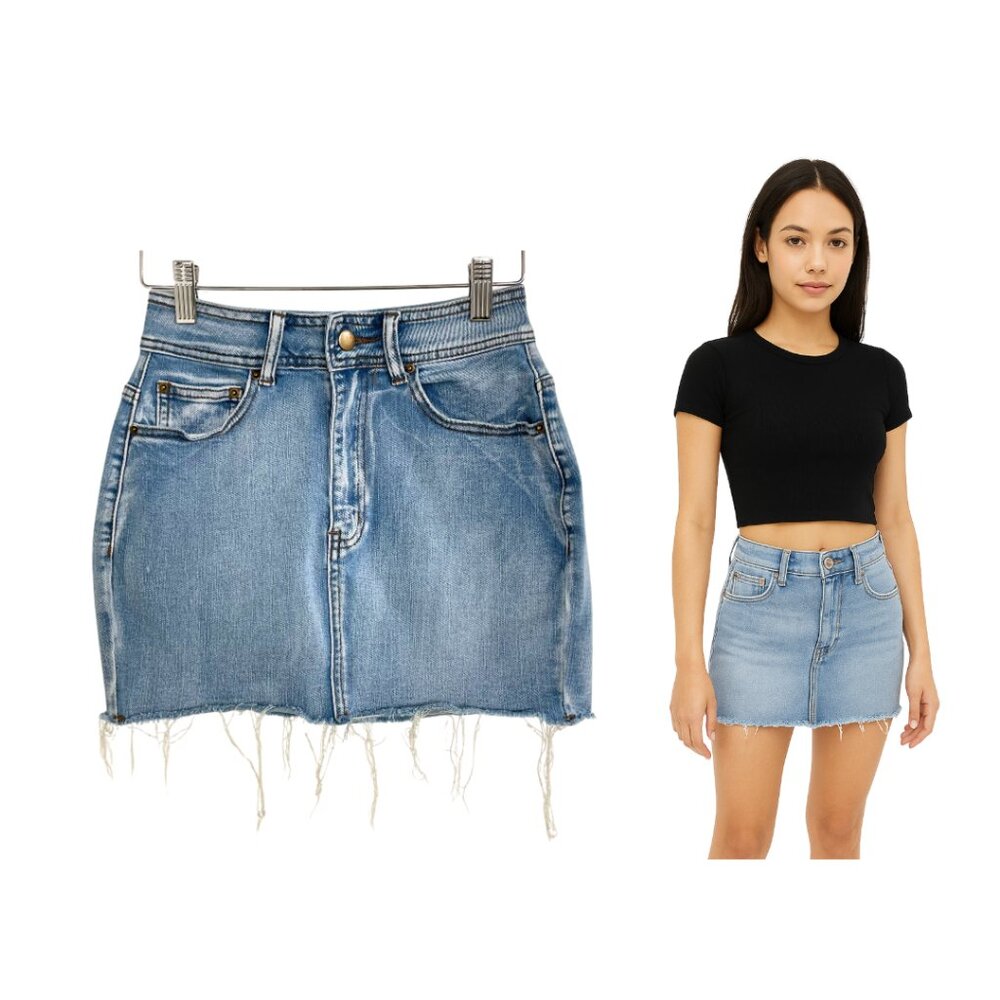 Just Quella Skirt Women XXS Denim Mini Stretch Blue Distressed Raw Hem Short